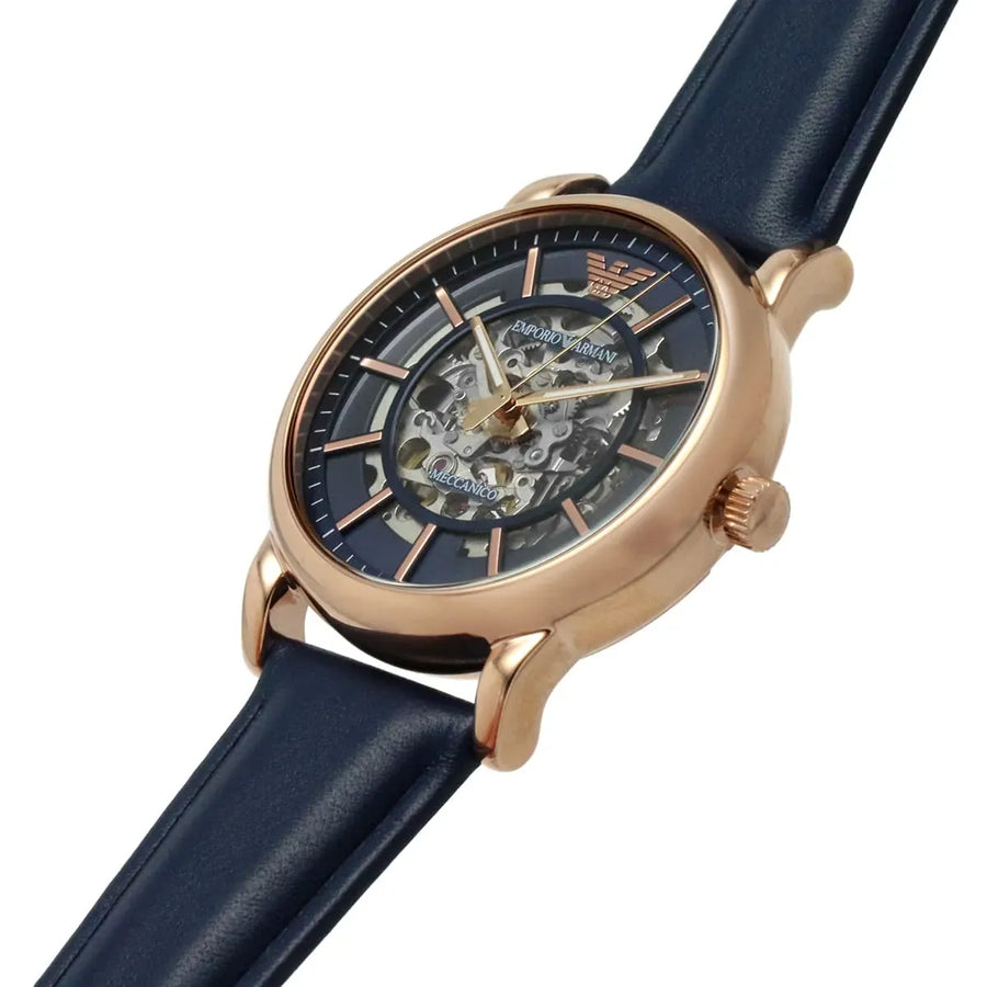 Emporio Armani Meccanico Automatic Blue Dial Blue Leather Strap Watch For Men - AR60050