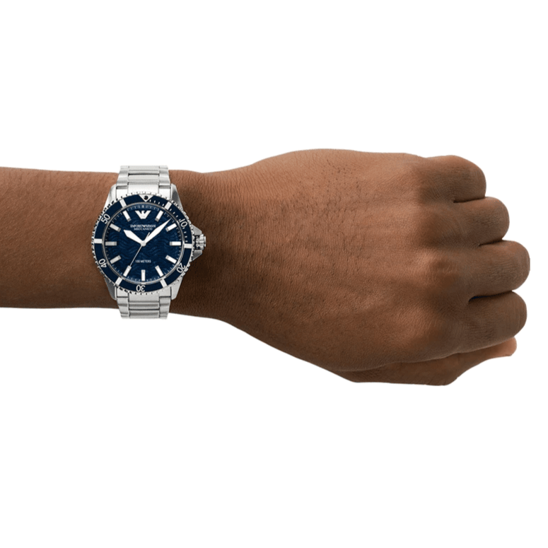 Emporio Armani Meccanico Automatic Blue Dial Silver Steel Strap Watch For Men - AR60059
