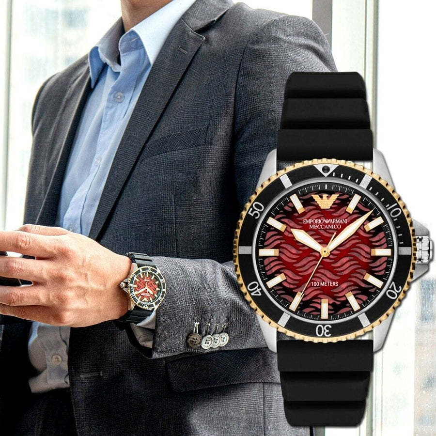 Emporio Armani Meccanico Automatic Red Dial Black Silicon Strap Watch For Men - AR60070