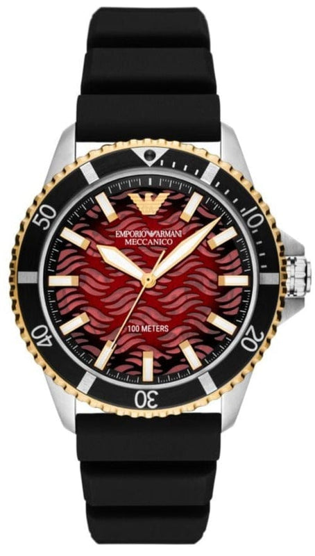 Emporio Armani Meccanico Automatic Red Dial Black Silicon Strap Watch For Men - AR60070