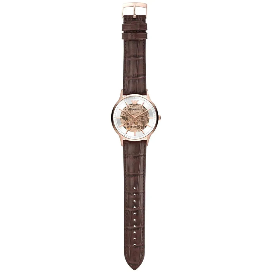 Emporio Armani Meccanico Automatic Silver Dial Brown Leather Strap Watch For Men - AR60039