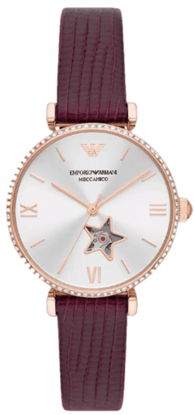 Emporio Armani Meccanico Automatic Silver Dial Burgundy Leather Strap Watch For Women - AR60044