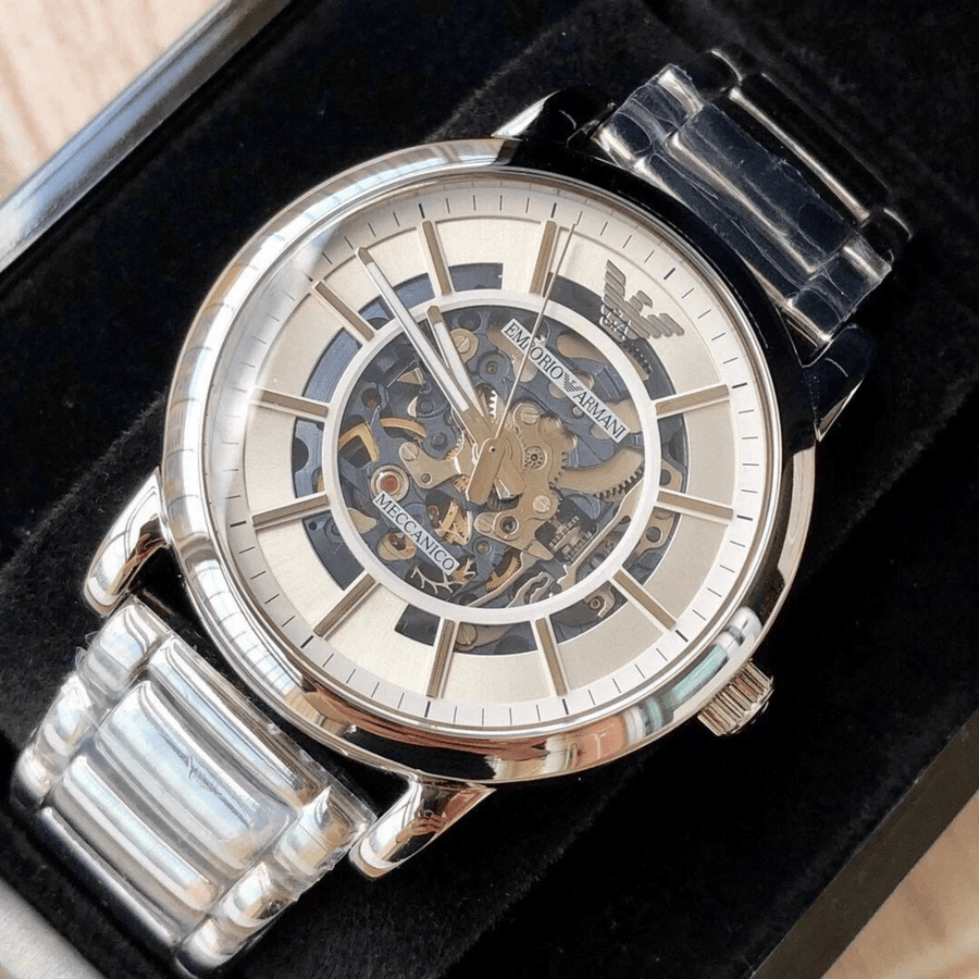 Emporio Armani Meccanico Automatic Silver Dial Silver Steel Strap Watch for Men - AR60006