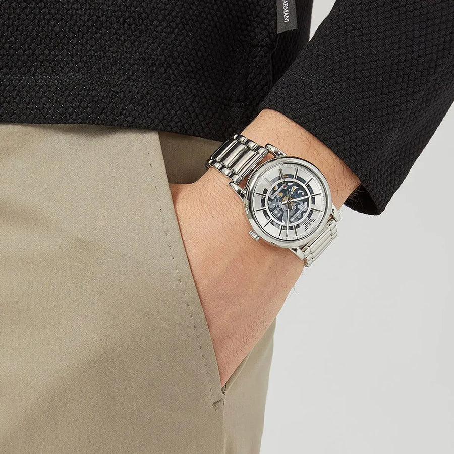 Emporio Armani Meccanico Automatic Silver Dial Silver Steel Strap Watch for Men - AR60006