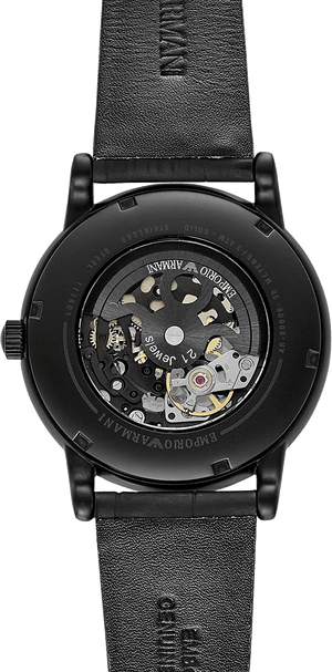 Emporio Armani Meccanico Automatic Skeleton Dial Black Leather Strap Watch For Men - AR60008