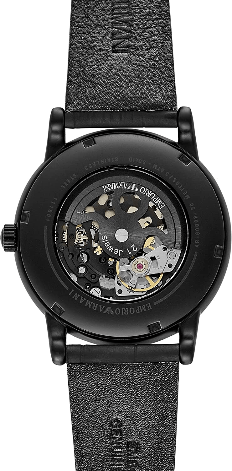 Emporio Armani Meccanico Automatic Skeleton Dial Black Leather Strap Watch For Men - AR60008