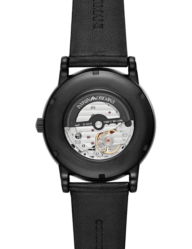 Emporio Armani Meccanico Automatic Skeleton Dial Black Leather Strap Watch For Men - AR60008