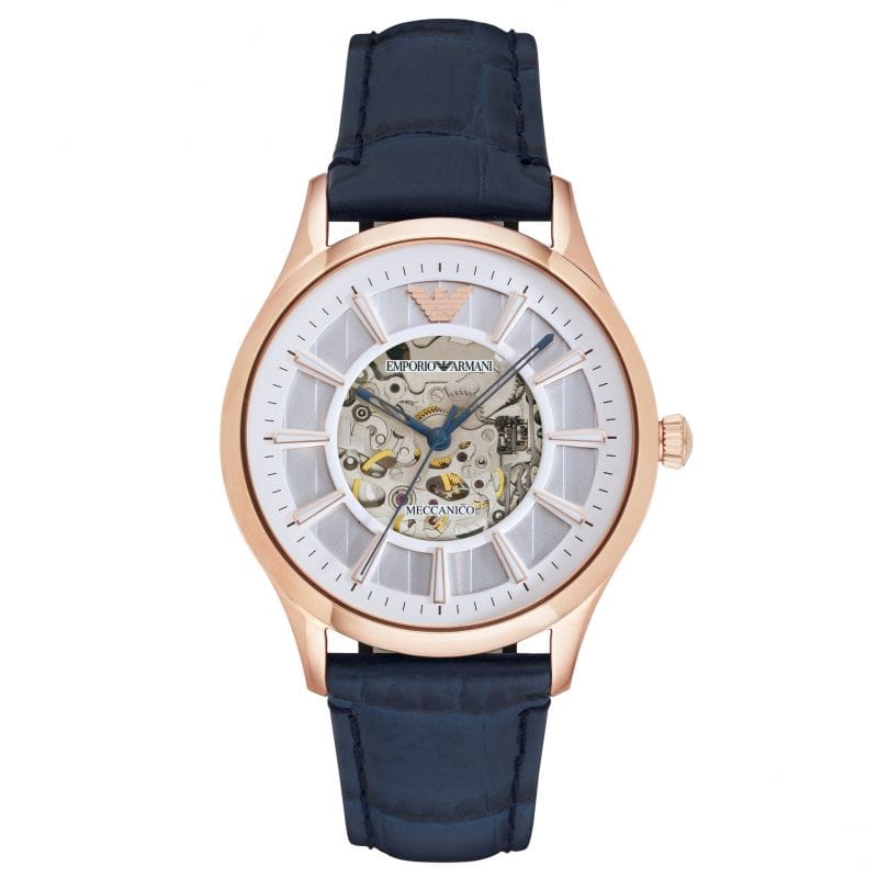 Emporio Armani Meccanico Automatic White Dial Blue Leather Strap Watch For Men - AR1947