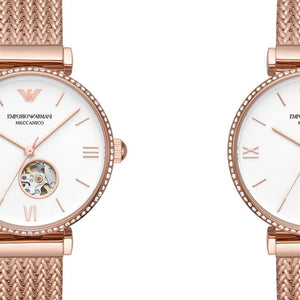 Emporio Armani Meccanico Automatic White Dial Rose Gold Mesh Strap Watch For Women - AR60063