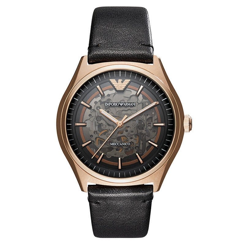 Emporio Armani Meccanico Black Dial Black Leather Watch For Men - AR60004