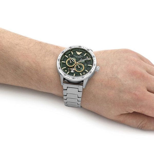 Emporio Armani Meccanico Chronograph Automatic Green Dial Silver Steel Strap Watch For Men - AR60053