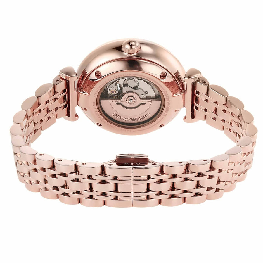 Emporio Armani Meccanico Crystals Black Dial Rose Gold Steel Strap Watch For Women - AR60043