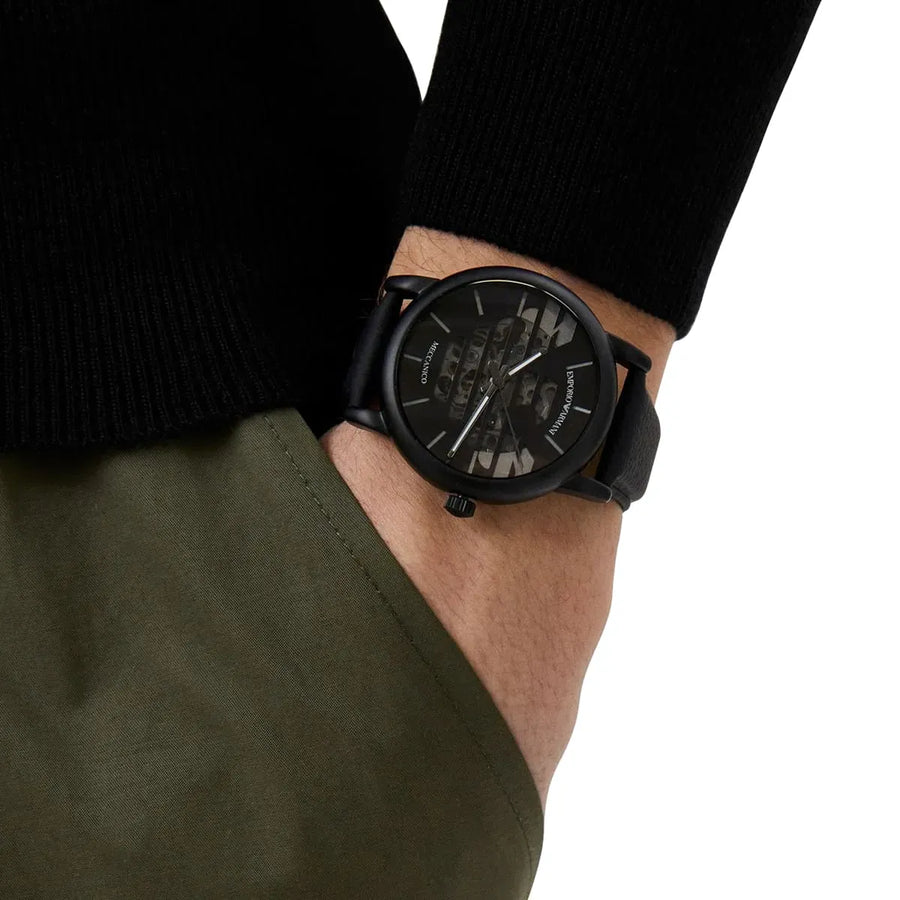 Emporio Armani Meccanico Quartz Black Dial Black Leather Strap Watch For Men - AR60032