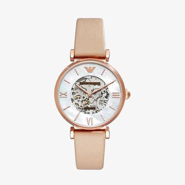 Emporio Armani Meccanico Silver Skeleton Dial Beige Leather Strap Watch For Women - AR60001
