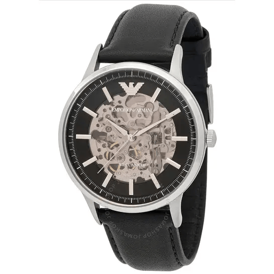 Emporio Armani Meccanico Skeleton Automatic Black Dial Black Leather Strap Watch for Men - AR60038