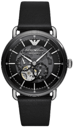 Emporio Armani Meccanico Skeleton Black Dial Black Leather Strap Watch For Men - AR60026