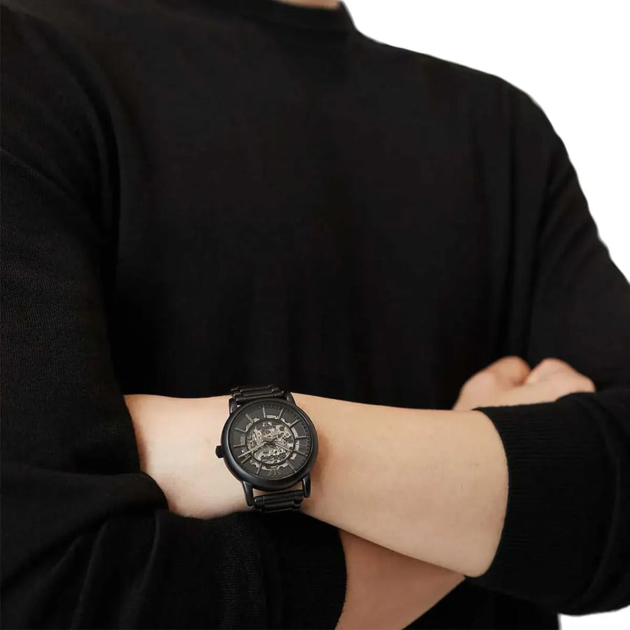 Emporio Armani Meccanico Skeleton Black Dial Black Steel Strap Watch For Men - AR60045