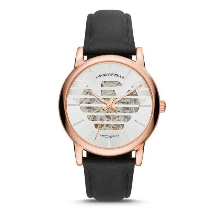 Emporio Armani Meccanico Skeleton Silver Dial Black Leather Strap Watch For Men - AR60031