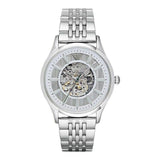 Emporio Armani Meccanico Skeleton Silver Dial Silver Steel Strap Watch For Men - AR1945