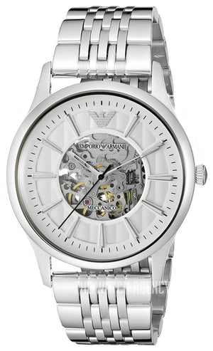 Emporio Armani Meccanico Skeleton Silver Dial Silver Steel Strap Watch For Men - AR1945