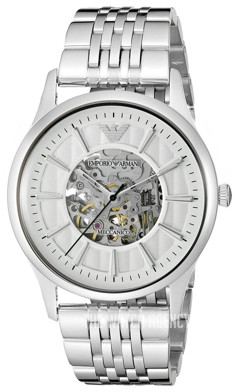 Emporio Armani Meccanico Skeleton Silver Dial Silver Steel Strap Watch For Men - AR1945