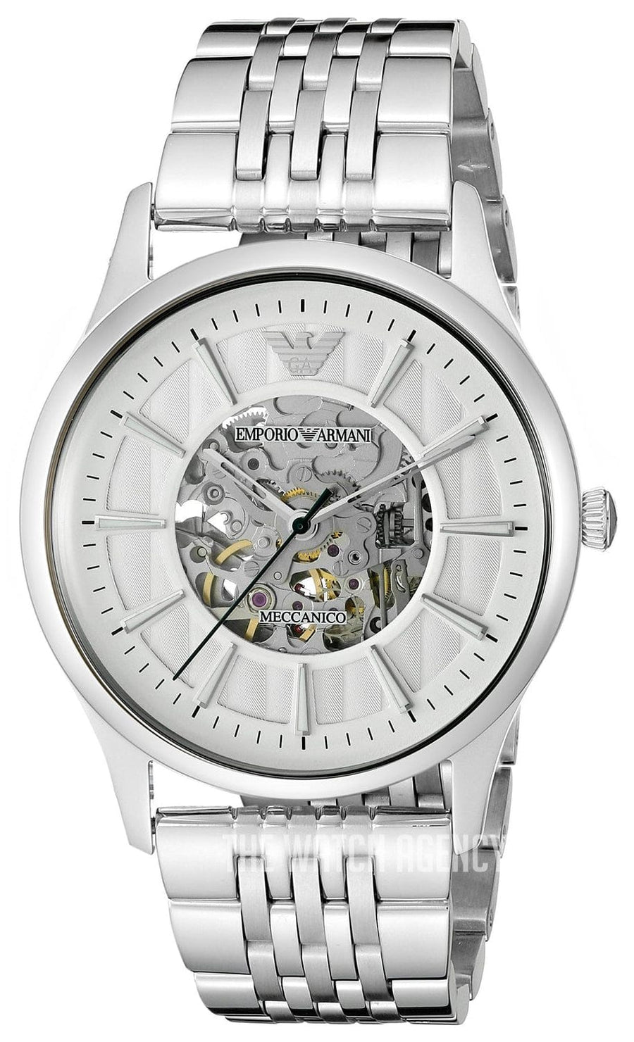 Emporio Armani Meccanico Skeleton Silver Dial Silver Steel Strap Watch For Men - AR1945