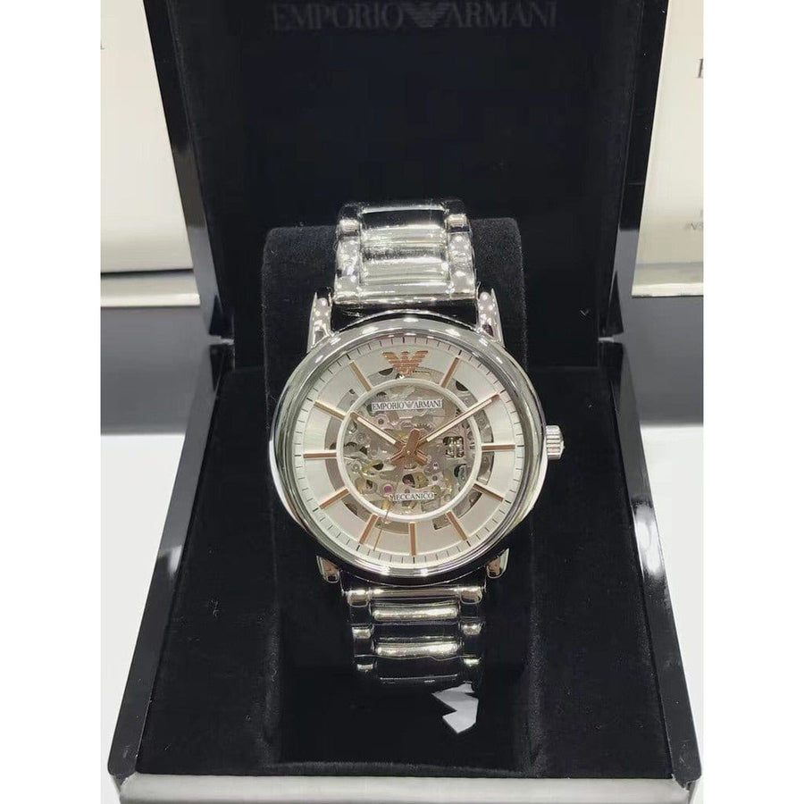 Emporio Armani Meccanico Skeleton Silver Dial Silver Steel Strap Watch For Men - AR1980