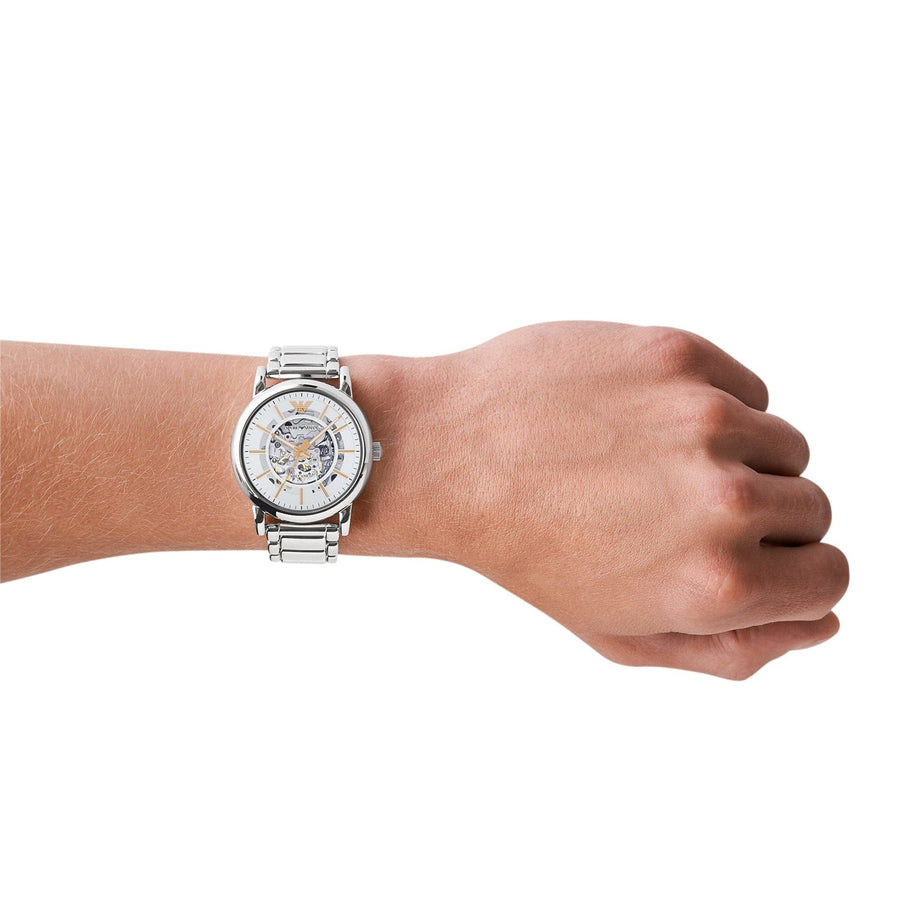 Emporio Armani Meccanico Skeleton Silver Dial Silver Steel Strap Watch For Men - AR1980