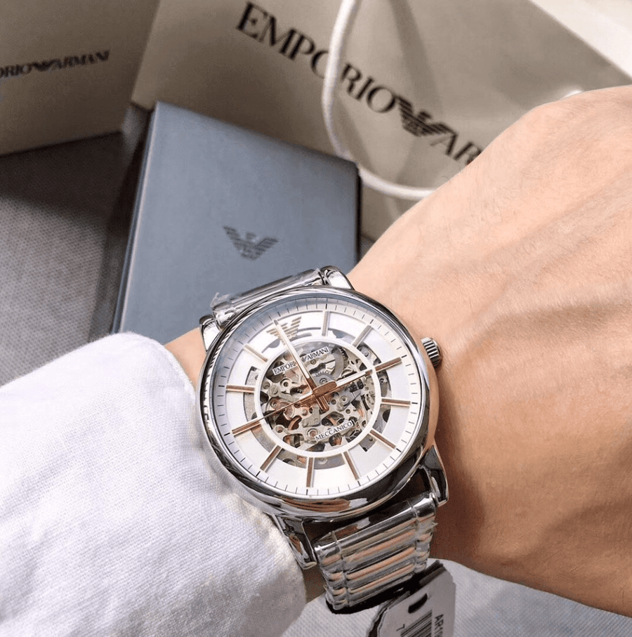 Emporio Armani Meccanico Skeleton Silver Dial Silver Steel Strap Watch For Men - AR1980
