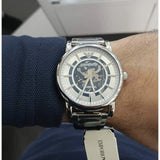 Emporio Armani Meccanico Skeleton Silver Dial Silver Steel Strap Watch For Men - AR1980