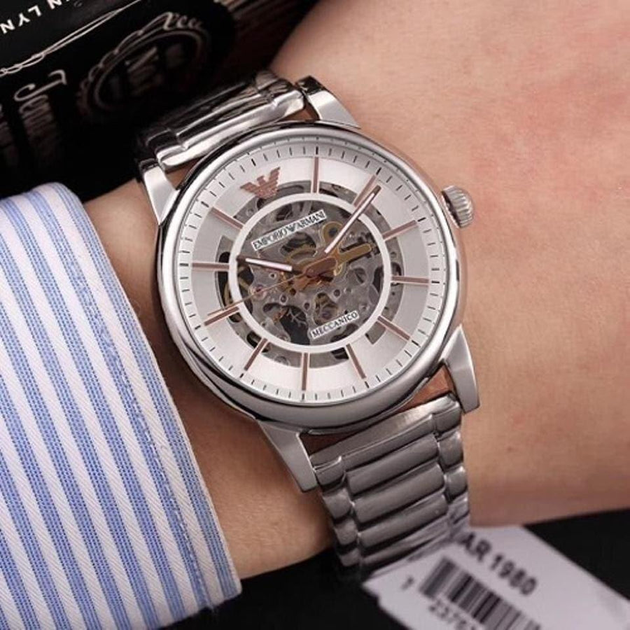 Emporio Armani Meccanico Skeleton Silver Dial Silver Steel Strap Watch For Men - AR1980