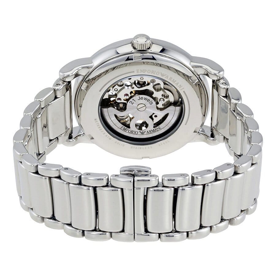 Emporio Armani Meccanico Skeleton Silver Dial Silver Steel Strap Watch For Men - AR1980