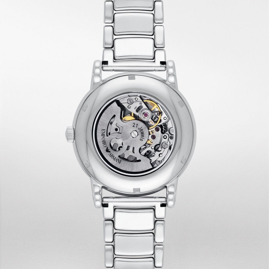 Emporio Armani Meccanico Skeleton Silver Dial Silver Steel Strap Watch For Men - AR1980