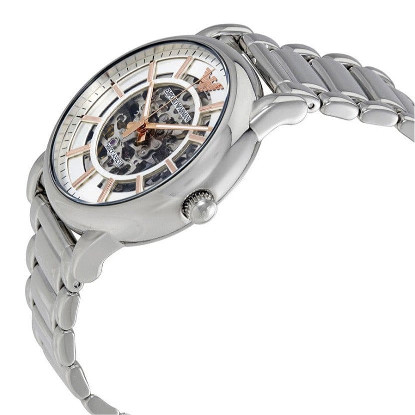 Emporio Armani Meccanico Skeleton Silver Dial Silver Steel Strap Watch For Men - AR1980