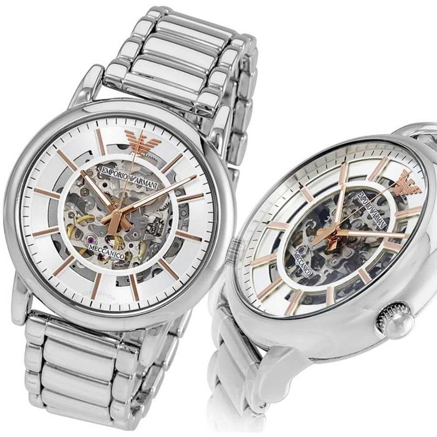 Emporio Armani Meccanico Skeleton Silver Dial Silver Steel Strap Watch For Men - AR1980