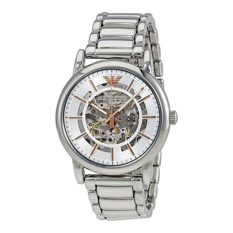 Emporio Armani Meccanico Skeleton Silver Dial Silver Steel Strap Watch For Men - AR1980