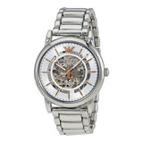 Emporio Armani Meccanico Skeleton Silver Dial Silver Steel Strap Watch For Men - AR1980