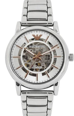 Emporio Armani Meccanico Skeleton Silver Dial Silver Steel Strap Watch For Men - AR1980