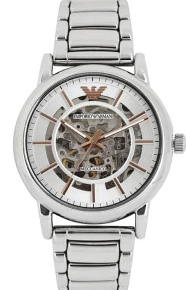 Emporio Armani Meccanico Skeleton Silver Dial Silver Steel Strap Watch For Men - AR1980