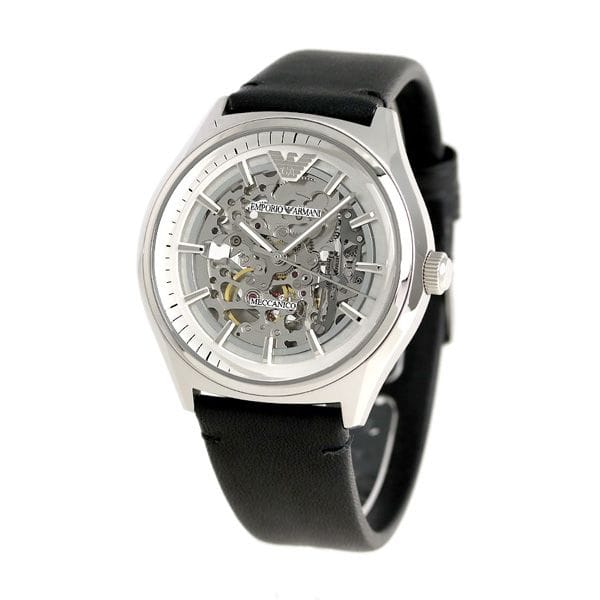 Emporio Armani Meccanico White Skeleton Dial Black Leather Strap Watch For Men - AR60003