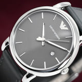 Emporio Armani Classic Quartz Grey Dial Grey Leather Strap Watch For Men - AR1730