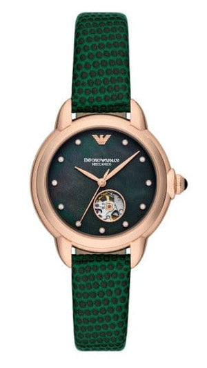 Emporio Armani Mia Meccanico Mother of Pearl Dial Green Leather Strap Watch for Women - AR60073