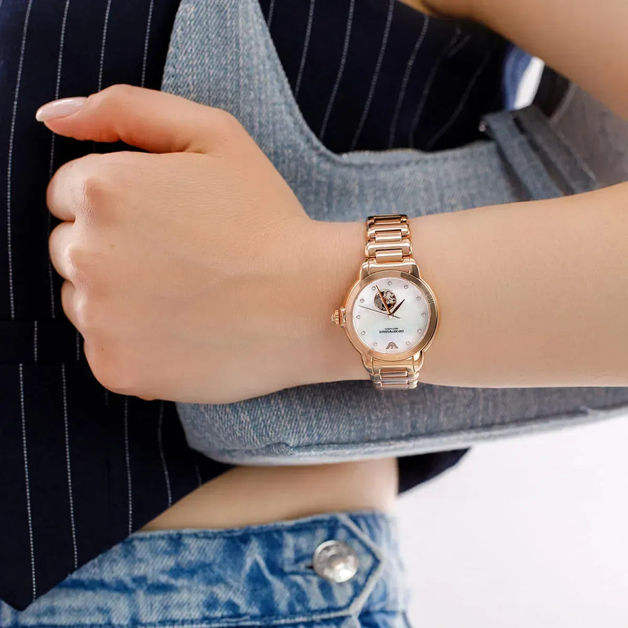 Emporio Armani Mia Meccanico Mother of Pearl Dial Rose Gold Steel Strap Watch for Women - AR60072
