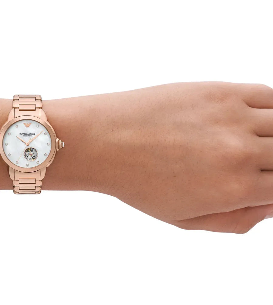 Emporio Armani Mia Meccanico Mother of Pearl Dial Rose Gold Steel Strap Watch for Women - AR60072