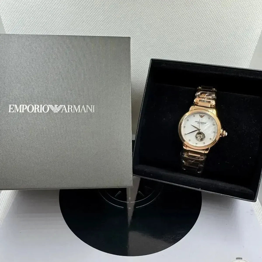 Emporio Armani Mia Meccanico Mother of Pearl Dial Rose Gold Steel Strap Watch for Women - AR60072