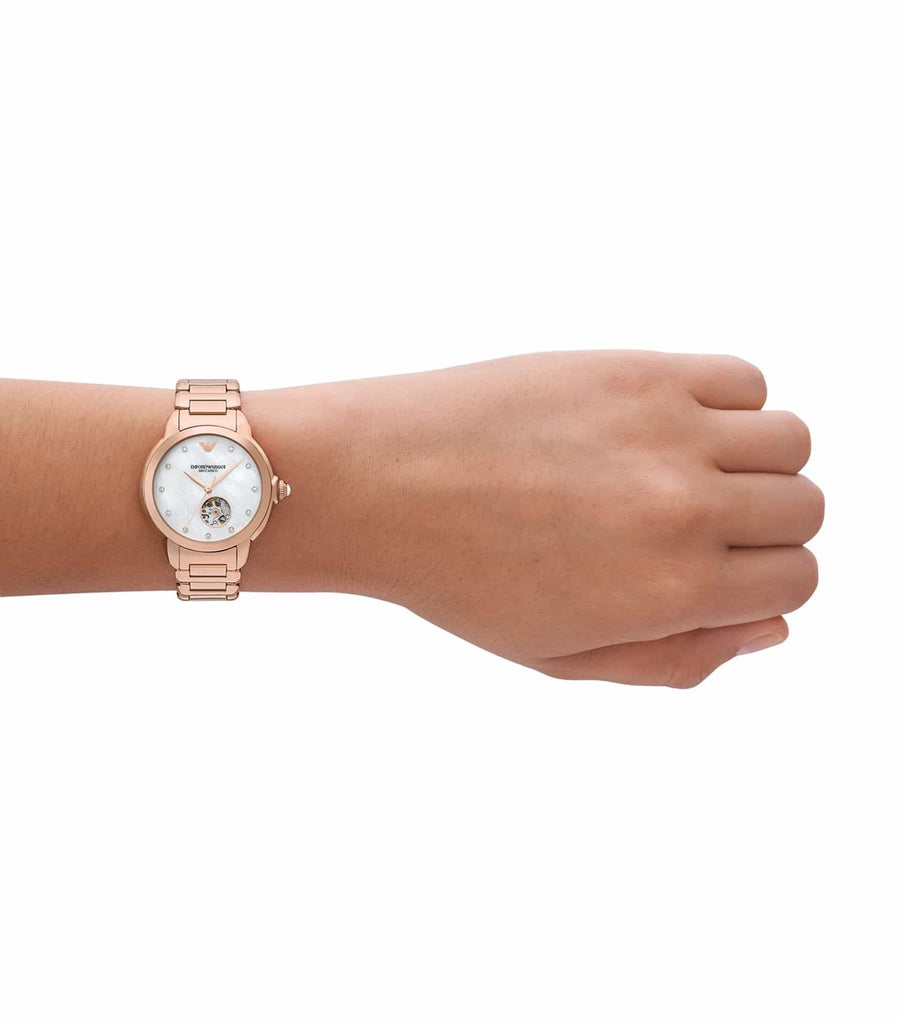 Emporio Armani Mia Meccanico Mother of Pearl Dial Rose Gold Steel Strap Watch for Women - AR60072