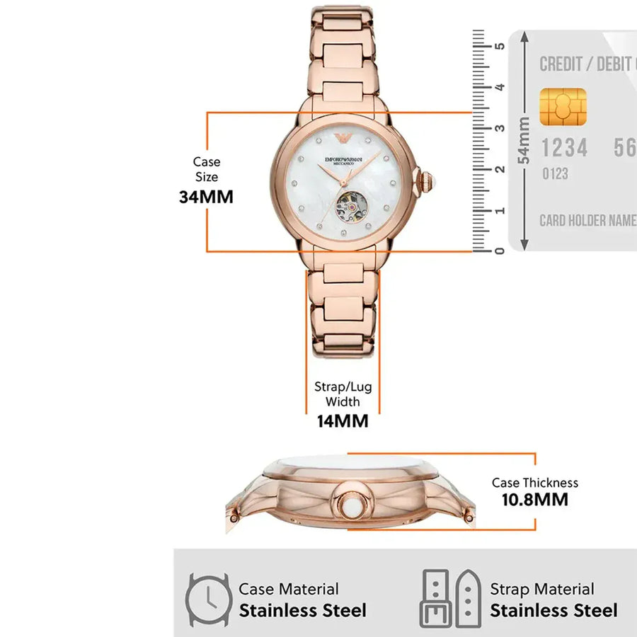 Emporio Armani Mia Meccanico Mother of Pearl Dial Rose Gold Steel Strap Watch for Women - AR60072
