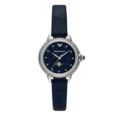 Emporio Armani Mia Moonphase Blue Dial Blue Leather Strap Watch for Women - AR11629