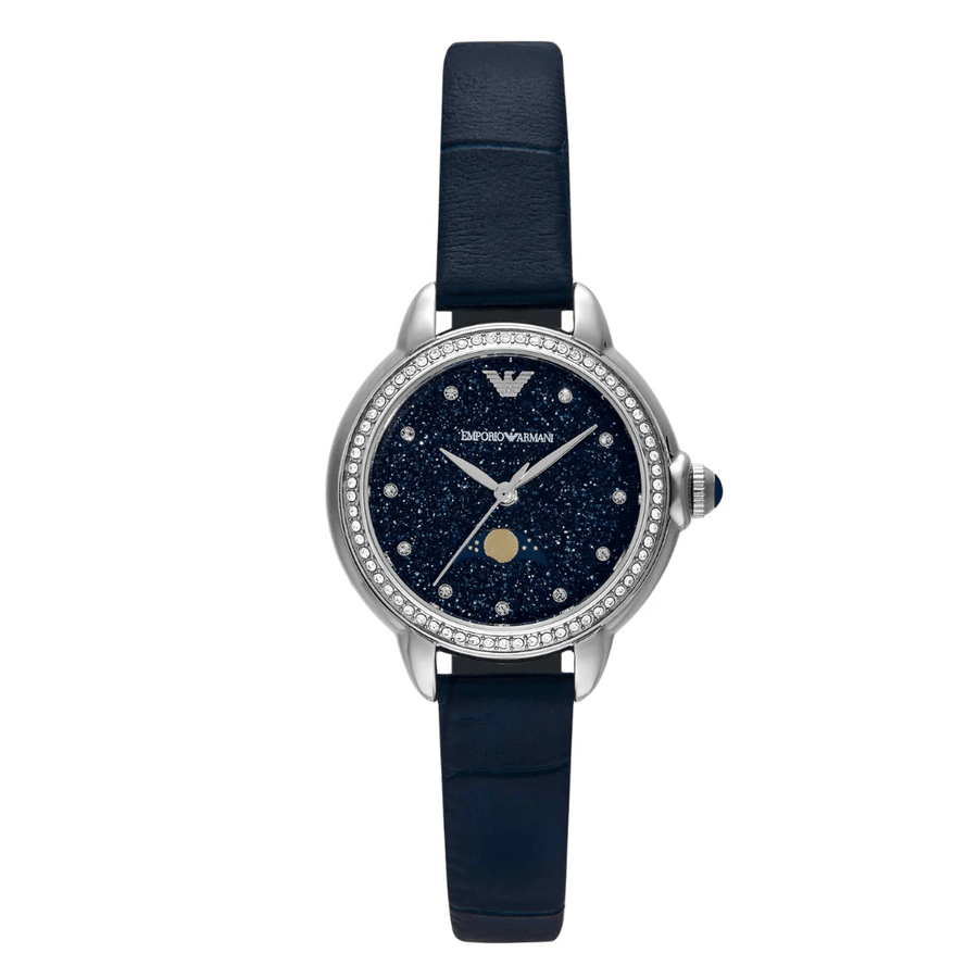 Emporio Armani Mia Moonphase Blue Dial Blue Leather Strap Watch for Women - AR11629