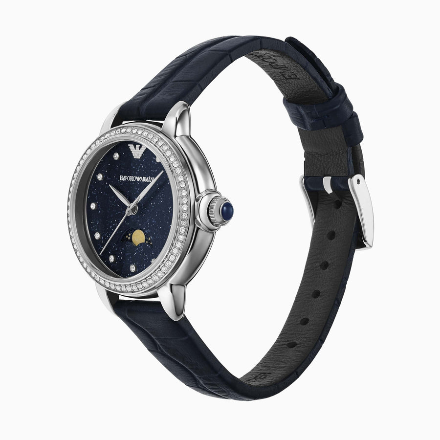 Emporio Armani Mia Moonphase Blue Dial Blue Leather Strap Watch for Women - AR11629